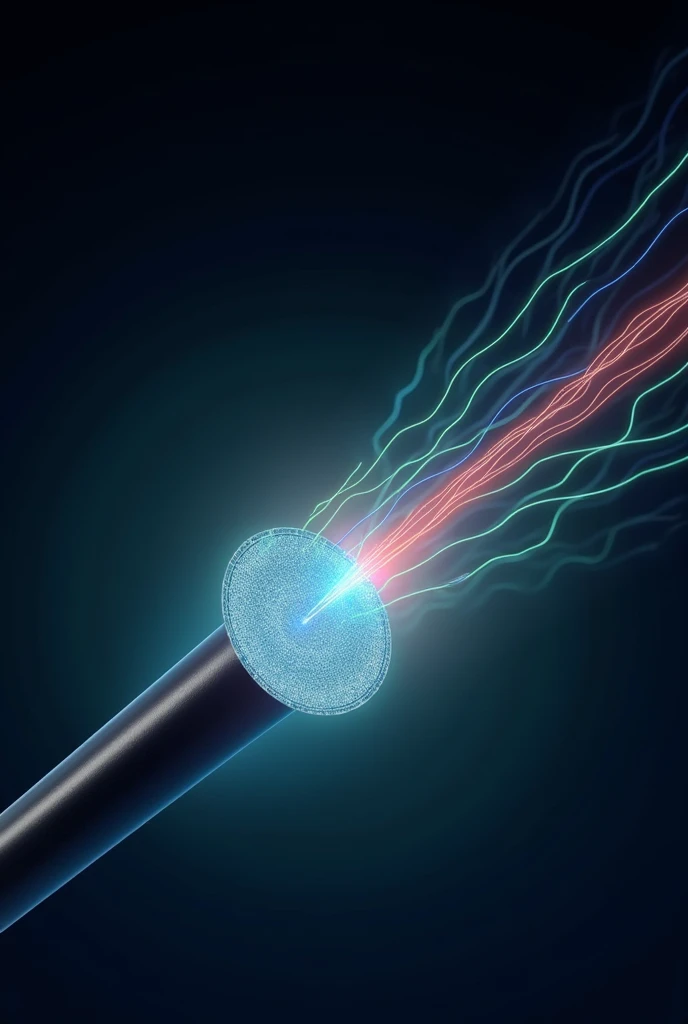 Create a detailed image of a graded-index optical fiber, shown in a cross-sectional view. The fiber should be depicted with a smooth gradient in its refractive index, transitioning from a higher index at the core center to a lower index near the edges. Illustrate light passing through the fiber in the form of curved, wavy lines that gradually bend back towards the center as they propagate along the length of the fiber. This bending effect demonstrates how the varying refractive index guides the light, keeping it within the fiber. The light paths should be shown in different colors, like blue, green, and red, to represent different modes of light transmission. The background should be dark and minimal, ensuring the focus remains on the light paths and the graded index structure. The overall atmosphere should convey the concept of efficient, controlled light transmission through advanced optical technology.