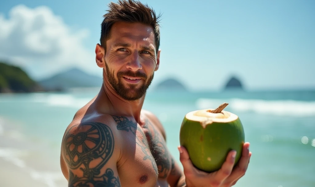 lionel messi, casual outfit, holding small opened green coconut at beach in rio de janeiro, tattoos