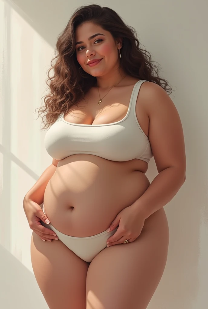 il y a une femme latina avec un haut blanc, Femme enceinte, photo en forme, culture en demi-corps, son nombril est exposé, moitié supérieure du corps, Plan du milieu, Taille vers le haut, nombril montrant, demi-corps, nombril percé, à moitié fait