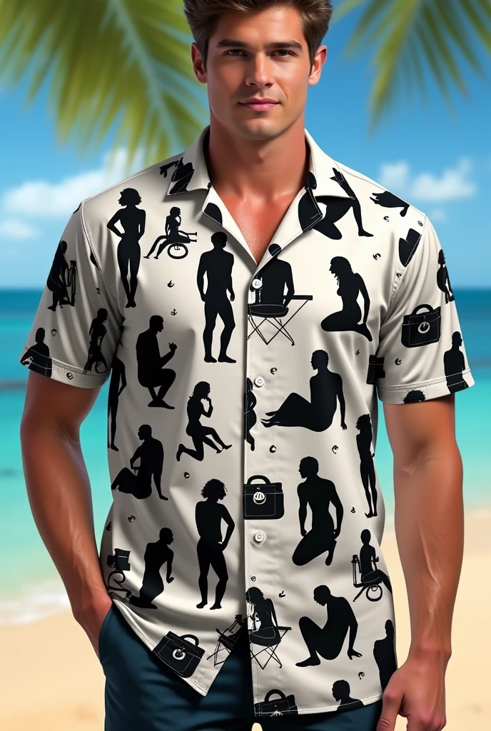 Hawaina shirt which has all over print of having sex couples in different position animated silhouette loads of sex possessions on if