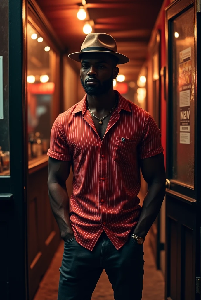 Black man in red and white striped clothing , with small hat on side, cigarettes in mouth at the bar door