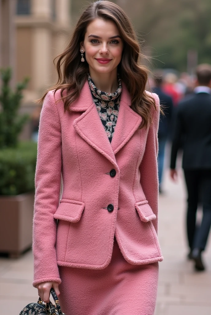 Anya taylor-joy wearing pink Chanel Tweed Jacket with matching color tweed skirt