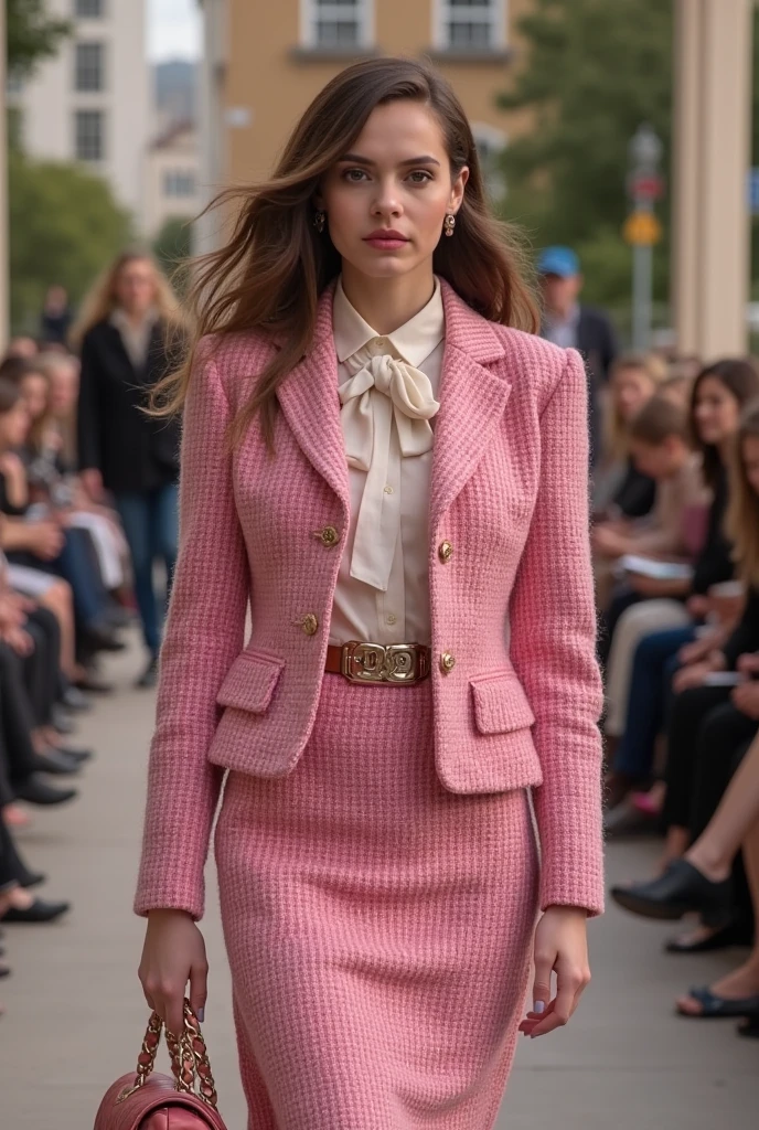 Anya taylor-joy wearing pink Chanel Tweed Jacket with matching color tweed skirt
