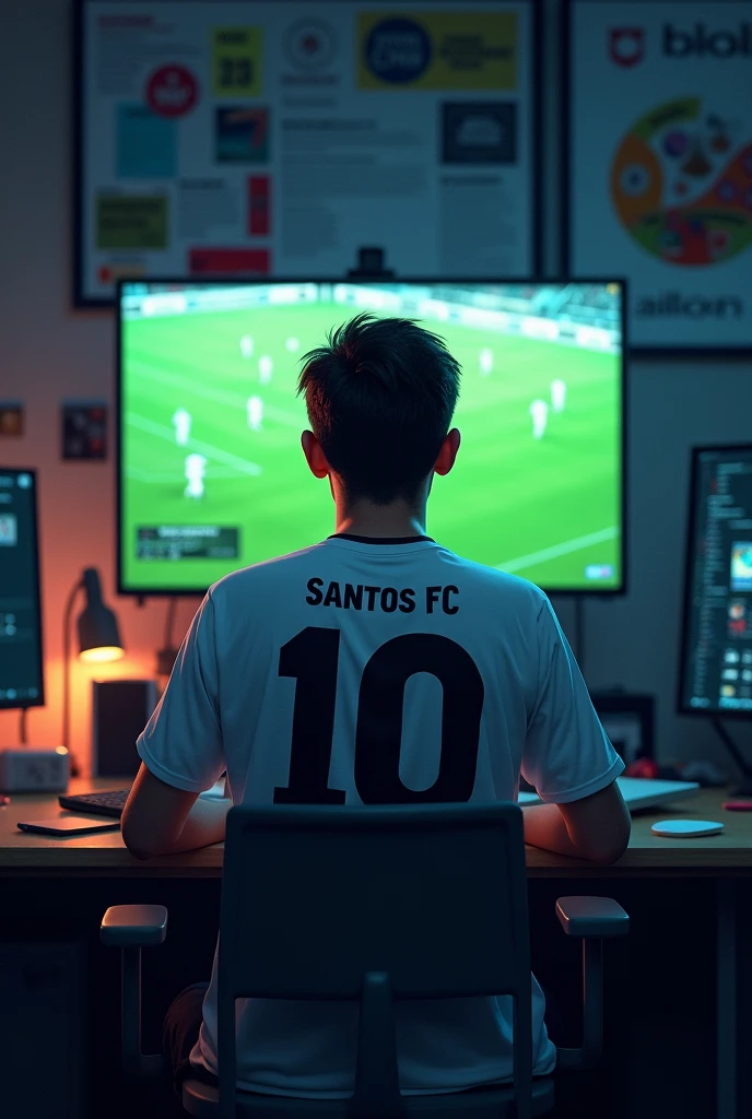 Generate a male fan with short hair, sitting at an office desk, wearing a white t-shirt with the number 10 on the back, it&#39;s the name "santos fc" watching a football game with the team all in white, in a dimly lit environment