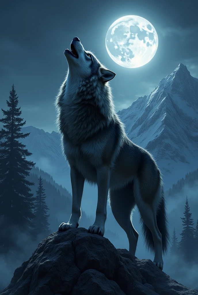 A fierce wolf howling in front of a full moon on top of a mountain in the middle of a forest at midnight