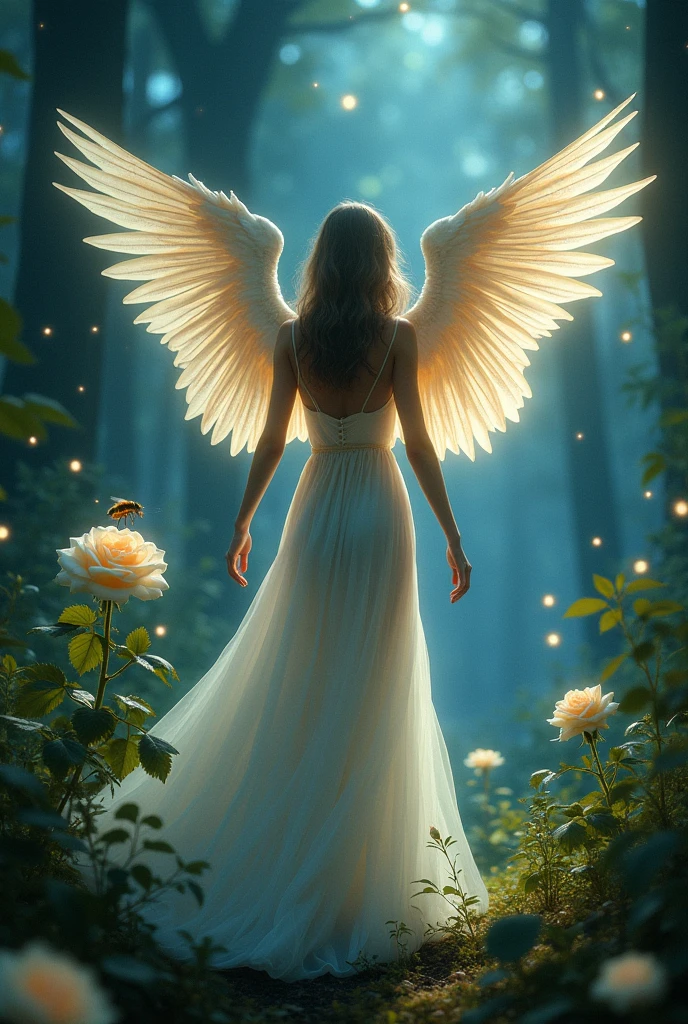 Make bird wings ,Vivid Wings , Beautiful forest background, Wear a long dress, A small bee is drawn on a white rose , A beautiful night forest with small glowing insects dancing