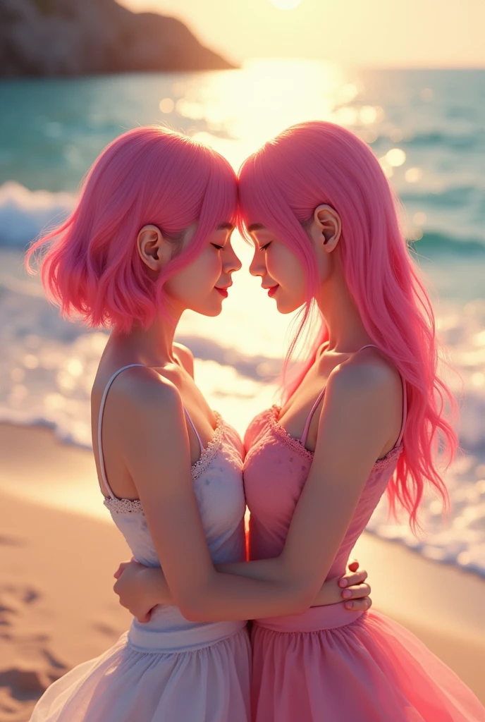 Lalisa member of blackpink and Rosé member of blackpink, with pink hair, having a romantic date on the beach.