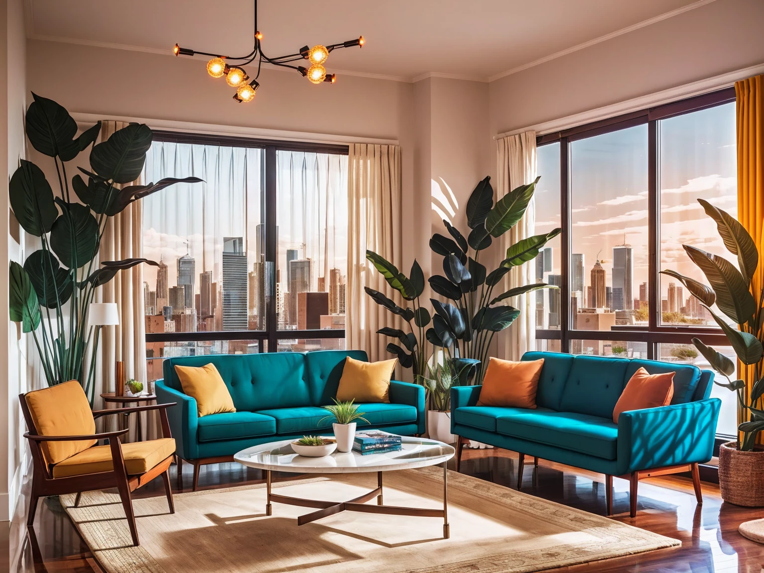 A stylish mid century modern living room featuring a curved (orange) sofa and (two blue accent chairs). A decorative chandelier hangs above, while large windows showcase a city skyline. The room has a textured rug with an abstract shape, retro design coffee tables in white. A wooden stylish shelf with a round mirror and decorative items complements the elegant decor, accentuated by (concealed curtains) in beige tones. Potted monstera; Dracaena Compacta; (Monstera Deliciosa); (Bird of Paradise plant with floral blooms);