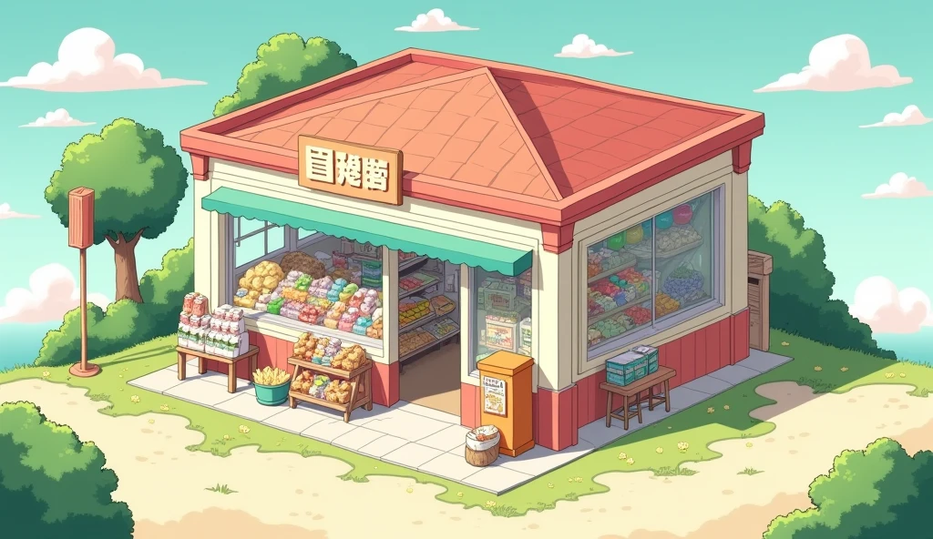 (masterpiece:1.2, Highest quality,Ultra-high resolution,Super detailed),8k,(wallpaper),(Best illustrations:2.0),(chibi convenience store : 2.0),(convenience store,Very simple design),(isometric illustration) lofi, cozy, Studio ghibli style ,pastel tones, landscape
