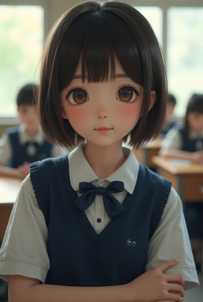 best quality, face focus, soft light, ultra high res, (photorealistic:1.4), RAW photo, 1japanese girl, solo, cute, (shy smile:0.5), (brown eyes, lights in the eyes), detailed beautiful face, (small chest),(high resolution detail of human skin texture), (short bob hair), BREAK, in classroom,navy school uniform, vest, skirt