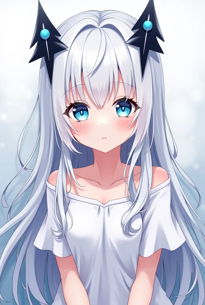 A Japanese anime style girl with long white hair,M-shaped bangs,There are only two black head ornaments on the top of her head that resemble upward-pointing arrows. In the middle of each upward-pointing arrow is a blue round bead.,Have a pair of beautiful blue eyes,Wearing a short white dress
