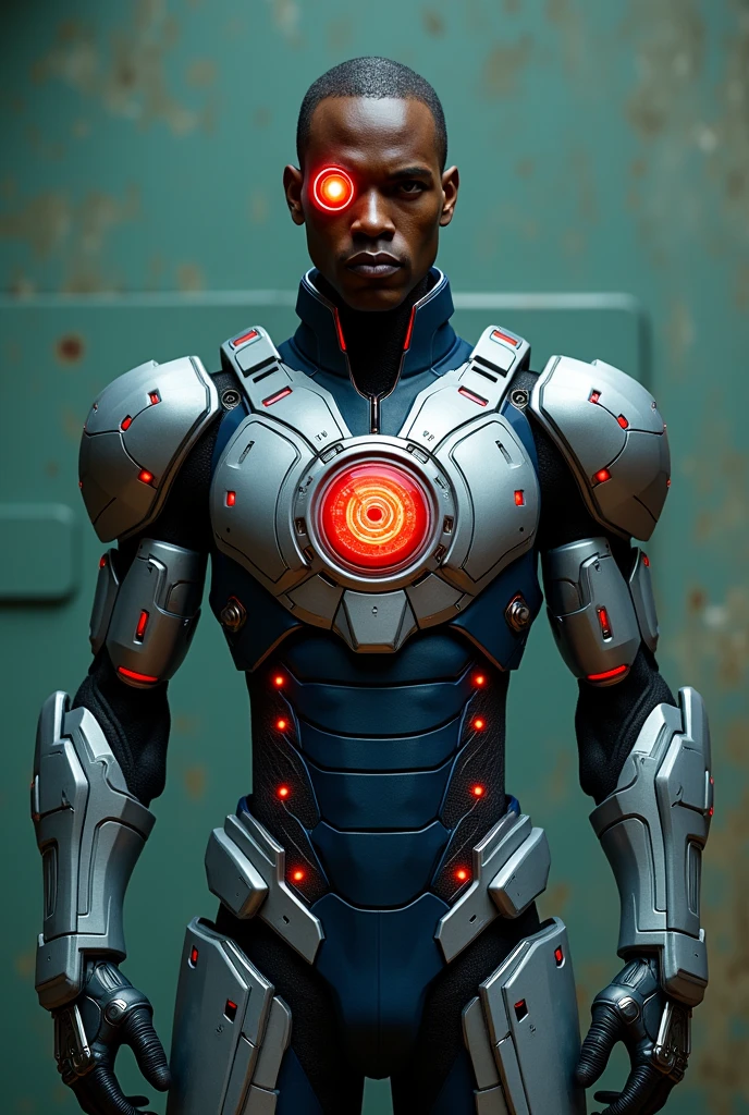 Create a realistic full body image of the marvel cyborg(front position, black man with very short hair, silver and blue armor with an old glowing circle on the chest, left eye cyborg red circular, part of the head is also cyborg and the other part is black human),  de corpo inteiro,  put a green wall in the background