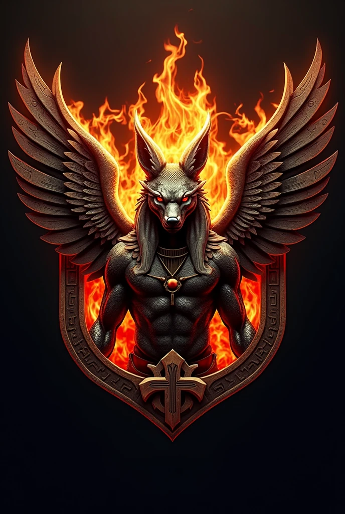 ((best qualityer)), ((work of art)), (detailded), create a gamer logo with the character egyptian god anubis, The logo must have a coat of arms with the character in front of the front bust, e o nome escrito ANUB☥S a letra i te que ser substituidada pela Cruz de Ansata ☥, Anubis has to be on fire epic gamer style with wings and dragon style, and anubis has to look bad, the colors have to be gold, black and red, don't forget to insert the name ANUBIS