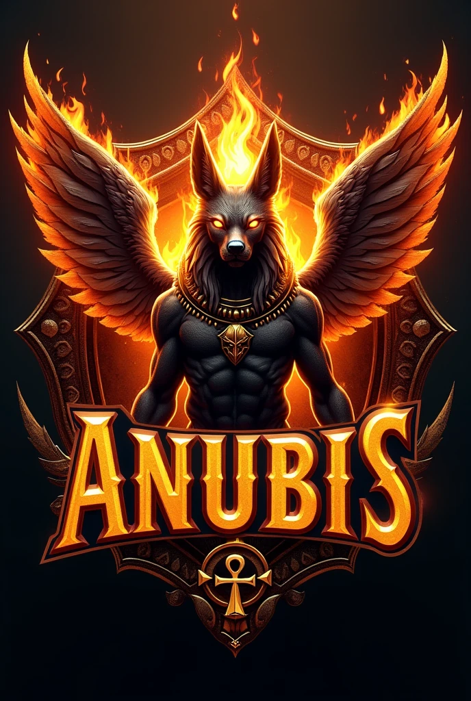 ((best qualityer)), ((work of art)), (detailded), create a gamer logo with the character egyptian god anubis, The logo must have a coat of arms with the character in front of the front bust, e o nome escrito ANUB☥S a letra i te que ser substituidada pela Cruz de Ansata ☥, Anubis has to be on fire epic gamer style with wings and dragon style, and anubis has to look bad, the colors have to be gold, black and red, don't forget to insert the name ANUBIS