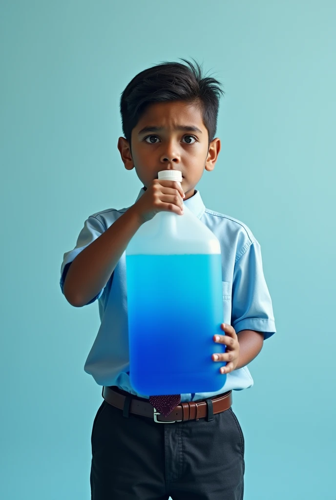 Make a student Mexican boy drinking a gallon of blue liquids