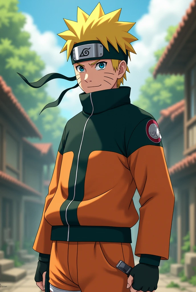 Naruto sage mode  on his head leaf village headband and wear yellow and orange shade dress right hand had kunai 