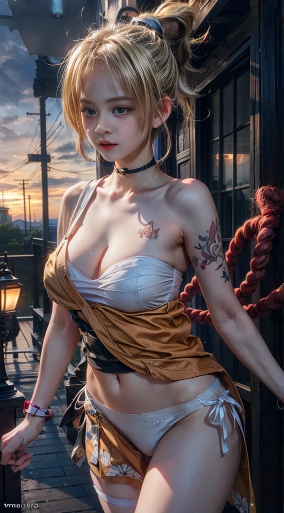 ((masterpiece)),(((bestquality))),((ultra-detailed)), ((beautiful detailed sky)), ((cinematic lighting)), depth of field, dynamic pose, (beautiful detailed girl),detailed lighting,(beautiful detailed eyes), large breast, (sexy), (cleavage), bare thigh,yoimiyadef,yoimiyarnd, choker, white panties, white bra, tattoos on body, big breast, blonde ponytail hair, hair bun, twilight light 