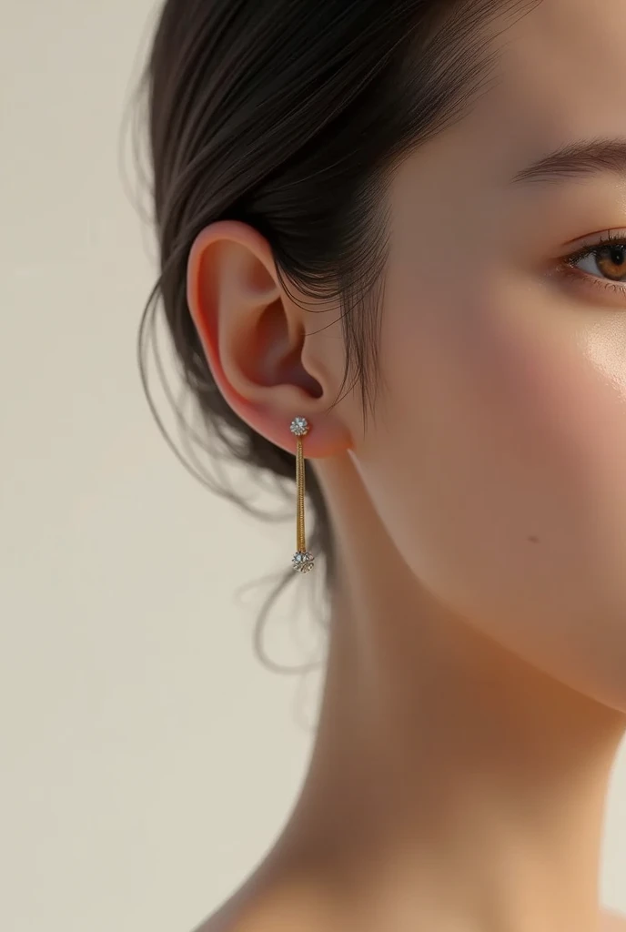 Generate a realistic image of a woman's face with a focus on highlighting her ear. The woman should have a neutral, natural expression, with her hair pulled back or tucked behind her ear to ensure the ear is fully visible. The skin should be smooth and evenly toned, with soft lighting that emphasizes the contours of the ear. The ear should be positioned prominently, with detailed texture and clarity, making it ideal for showcasing earrings or other accessories. The background should be plain and unobtrusive to keep the focus on the face and ear.