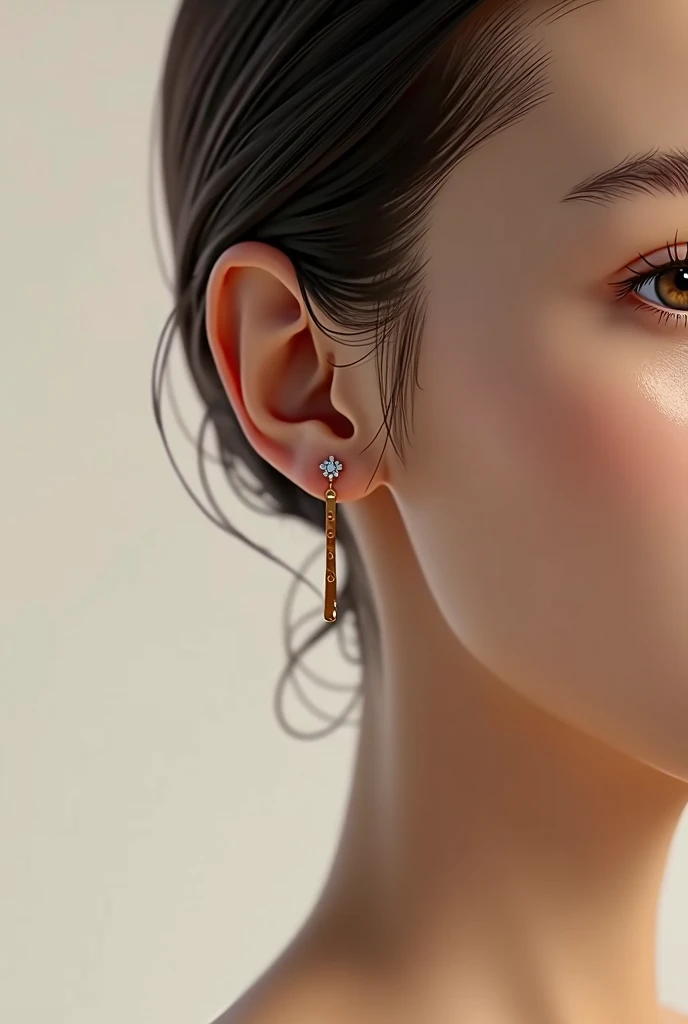 Generate a realistic image of a woman's face with a focus on highlighting her ear. The woman should have a neutral, natural expression, with her hair pulled back or tucked behind her ear to ensure the ear is fully visible. The skin should be smooth and evenly toned, with soft lighting that emphasizes the contours of the ear. The ear should be positioned prominently, with detailed texture and clarity, making it ideal for showcasing earrings or other accessories. The background should be plain and unobtrusive to keep the focus on the face and ear.