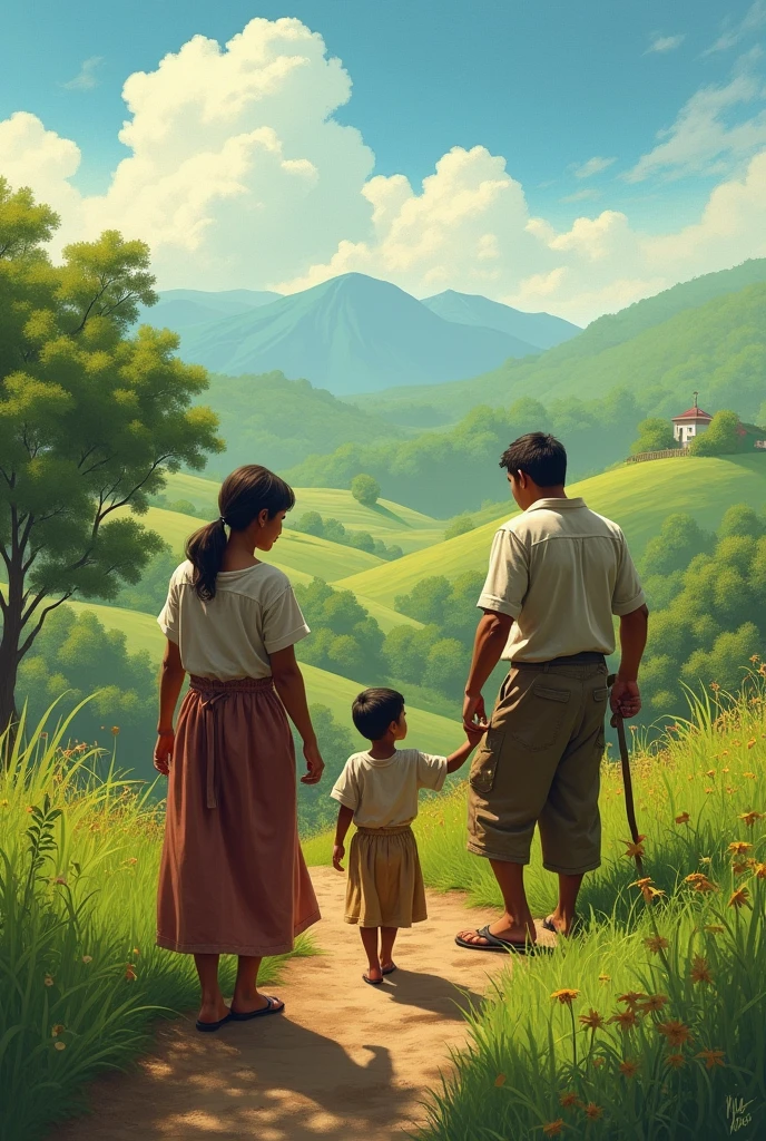 I am the way, peace and life, landscape, includes a Latin American family in work clothes, includes a woman and a girl, a man and a boy