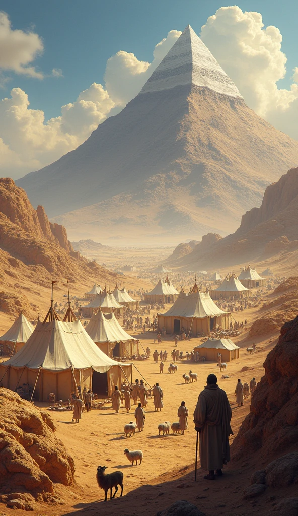 Mostre uma visão geral dthe camp dos israelitas no deserto, with an explanatory narration about their journey from Egypt and the delivery of the Tablets of the Law to Moses on Mount Sinai.
imagery: The desert, the camp, Sinai Mountain in the background.