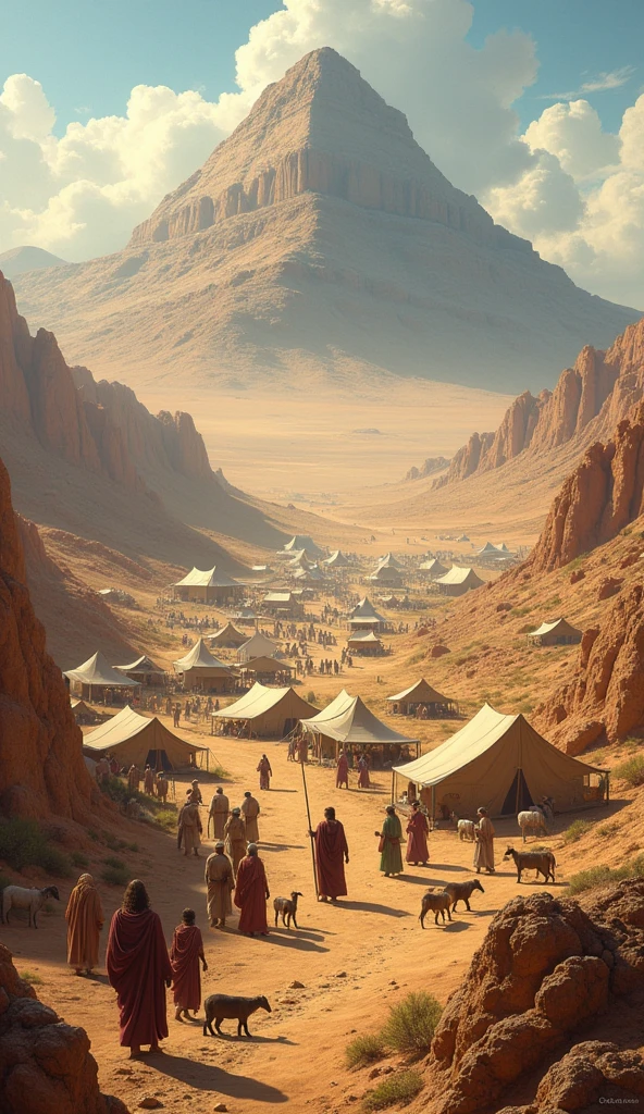 Mostre uma visão geral dthe camp dos israelitas no deserto, with an explanatory narration about their journey from Egypt and the delivery of the Tablets of the Law to Moses on Mount Sinai.
imagery: The desert, the camp, Sinai Mountain in the background.