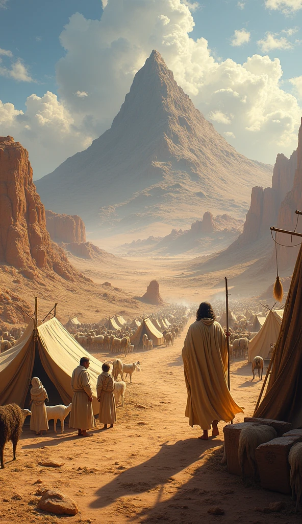 Mostre uma visão geral dthe camp dos israelitas no deserto, with an explanatory narration about their journey from Egypt and the delivery of the Tablets of the Law to Moses on Mount Sinai.
imagery: The desert, the camp, Sinai Mountain in the background.