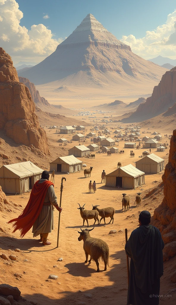 Mostre uma visão geral dthe camp dos israelitas no deserto, with an explanatory narration about their journey from Egypt and the delivery of the Tablets of the Law to Moses on Mount Sinai.
imagery: The desert, the camp, Sinai Mountain in the background.