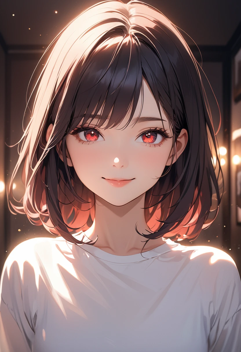 (masterpiece:1.5),(Beat quality),(high res),1girl solo,beautiful face,smile(shining eyes),upper body,light effects,A woman in plain clothes with red cheeks,room