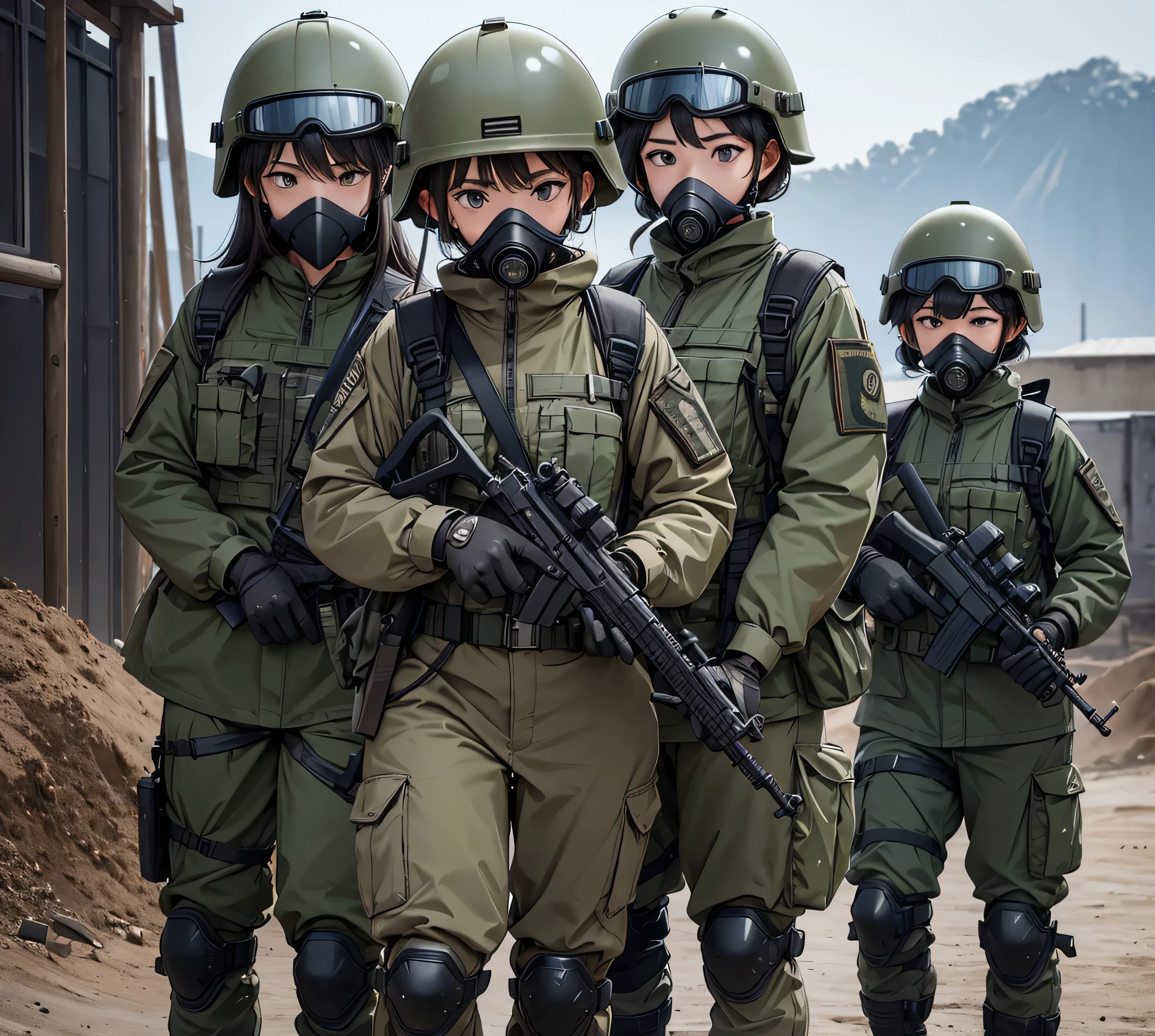 A group of female special forces in the military camp、Wear a steel helmet、Wear goggles、wearing gas masks、Individual equipment set、Knee pads、Write details、masterpiece、best quality、Highly detailed CG、8K picture quality