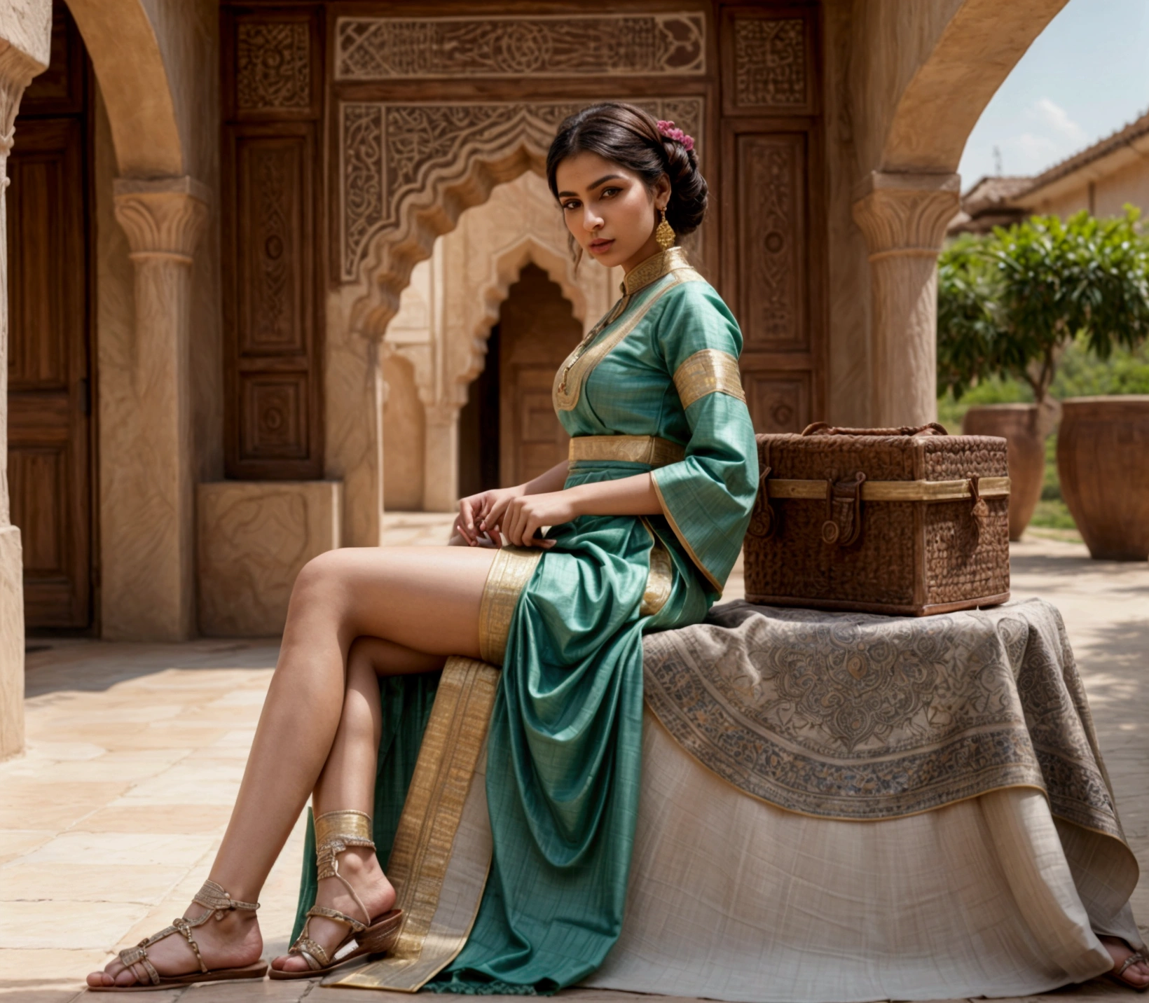 Create a high-resolution 4K fashion photoshoot image featuring a model dressed in traditional attire, with a special focus on the khussa (traditional footwear). The setting should be outdoors near a beautifully detailed wall with intricate patterns. The model should be posed elegantly to prominently showcase the khussa, ensuring the footwear is captured in sharp focus with all intricate details visible. The background should include lush greenery, complemented by warm, natural lighting that enhances the overall aesthetic. The model's attire, face, and khussa should all be highlighted with professional precision to reflect the essence of traditional fashion."