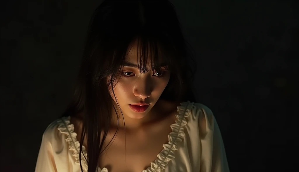 Cinematic. A detailed profile photo depicts a young woman, focusing on the upper torso and head area. The woman has long, straight black hair that flows down, partially obscuring the face. The hair is depicted with detailed strands, some of which cover parts of the woman's face. The woman is wearing a white ruffled nightgown with delicate frills along the collar and sleeve edges. The fabric appears soft and is slightly creased, indicating movement or tension. The warm lighting is soft but casts shadows that enhance the contours of the face and fabric, giving depth to the image. The background is dark, contrasting with the lighter tones of the skin and clothing. The overall mood is intense, as the character's posture suggests fear or deep thought, with the head bowed and hair falling forward and sweaty face.