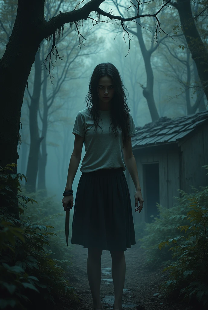 A girl with a knife in her hand in a dark forest with a hut