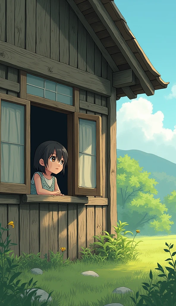 2D anime a wooden old style house a littlr girl looking forward through a  open window one sided angl