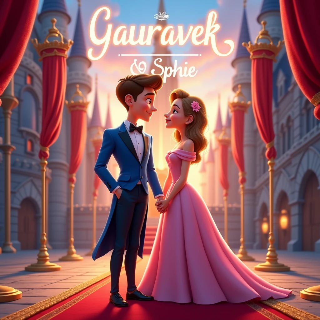 Create a disney couple animated avtar full body image where both are holding each other's hand, wearing blue and pink luxury dress and standing on red carpet , in background the chair of a king with full castle background with flags. Make name visible and clear In background the name "GauravEk ❤️ Sophie" bold and glowing, showing in bold reflection in shadows, place this name just above their head.