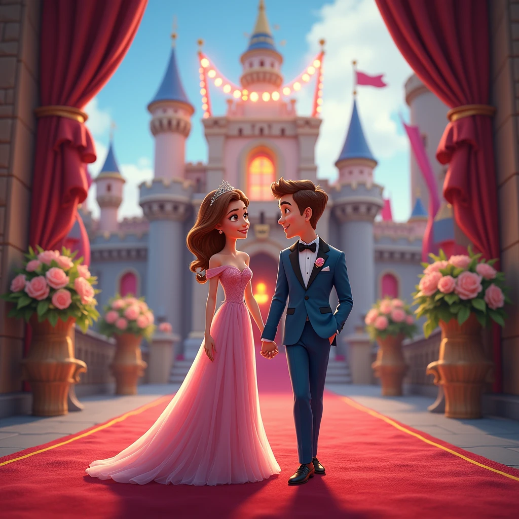 Create a disney couple animated avtar full body image where both are holding each other's hand, wearing blue and pink luxury dress and standing on red carpet , in background the chair of a king with full castle background with flags. Make name visible and clear In background the name "GauravEk ❤️ Sophie" bold and glowing, showing in bold reflection in shadows, place this name just above their head.