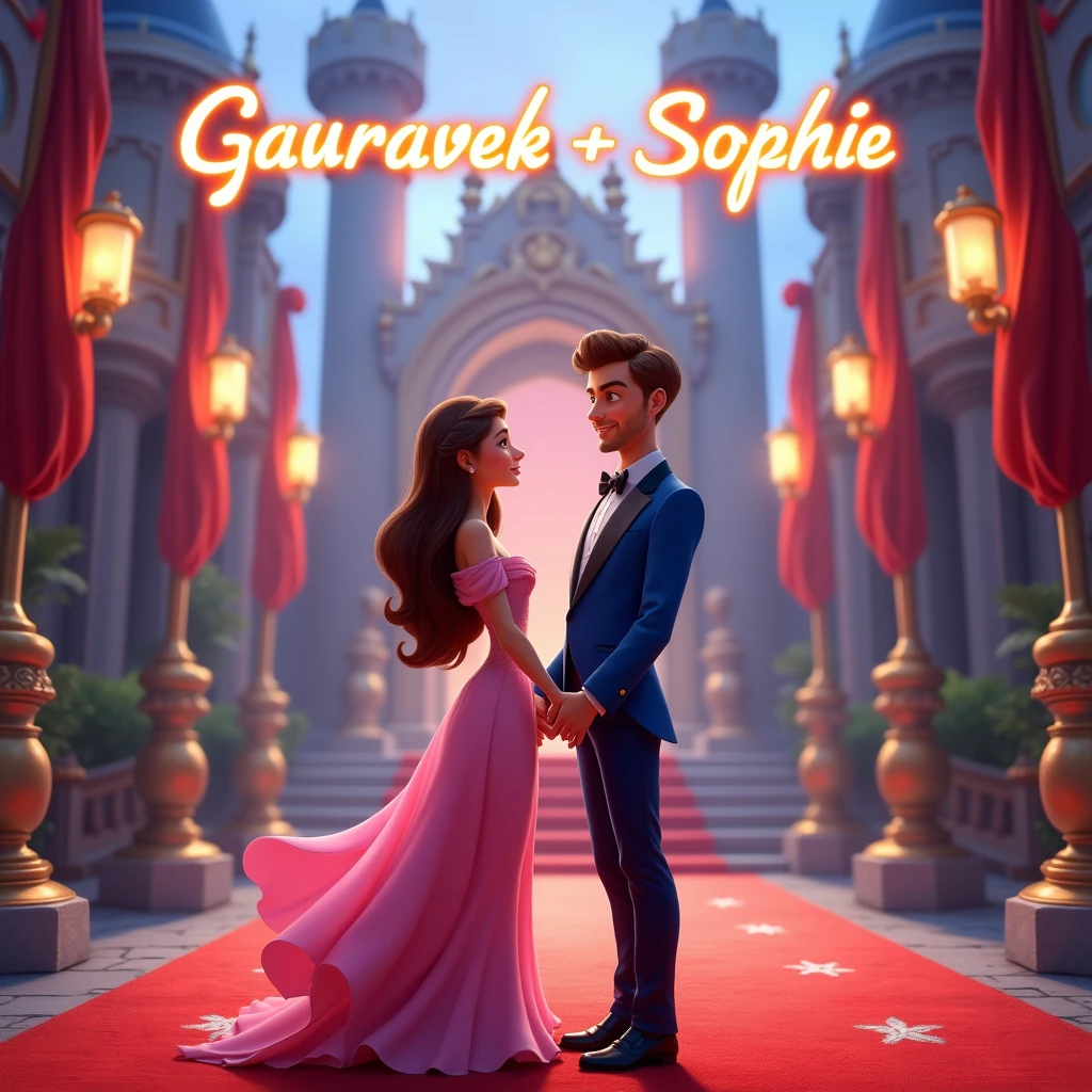 Create a disney couple animated avtar full body image where both are holding each other's hand, wearing blue and pink luxury dress and standing on red carpet , in background the chair of a king with full castle background with flags. Make name visible and clear In background the name "GauravEk ❤️ Sophie" bold and glowing, showing in bold reflection in shadows, place this name just above their head.