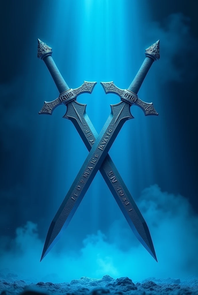 Two Swords Crossed Without Hands,  blue color , with gray and silver on the blade , written Yeshua 
