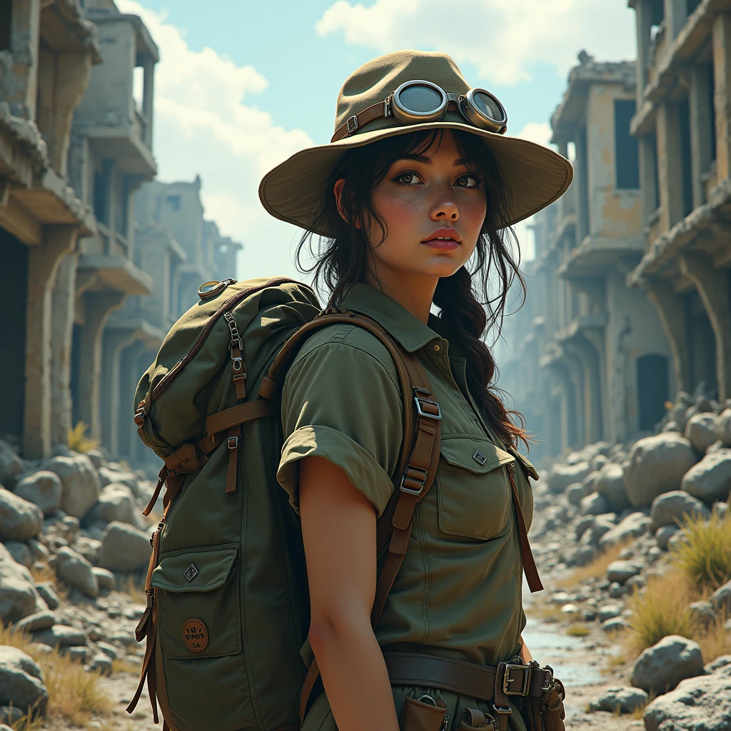 ((Highly detailed anime art)),Woman in ruins,City Ruins,Ranger Equipment,Rugged Backpack,tent,goggles,hat,((masterpiece, Highest quality, Extremely detailed CG, unity 8k wallpaper )),(masterpiece, Highest quality, Highest quality, Official Art, beautiful),Very vivid,High-precision images,Ultra-high resolution,Great art,Poster Art,Impressive photos,Impressive art,beautiful顔,Perfect Face