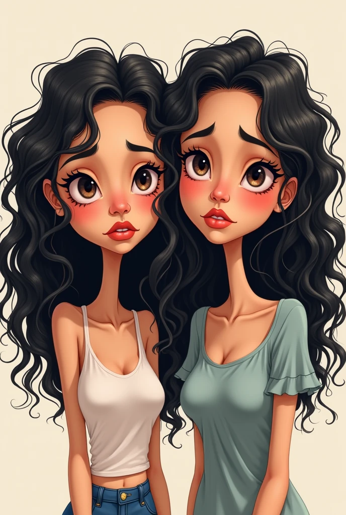 2 woman who is pretty , have black curly hair and the hair reaches a little below the shoulders , be cute and be a caricature but at the same time look tired and with many dark circles and be skinny not curvy open your eyes