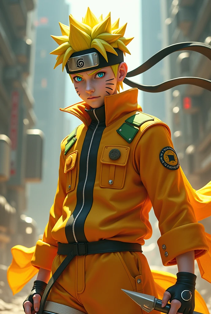 Naruto sage mode  on his head leaf village headband and wear yellow and orange shade dress right hand had kunai cyber uniform