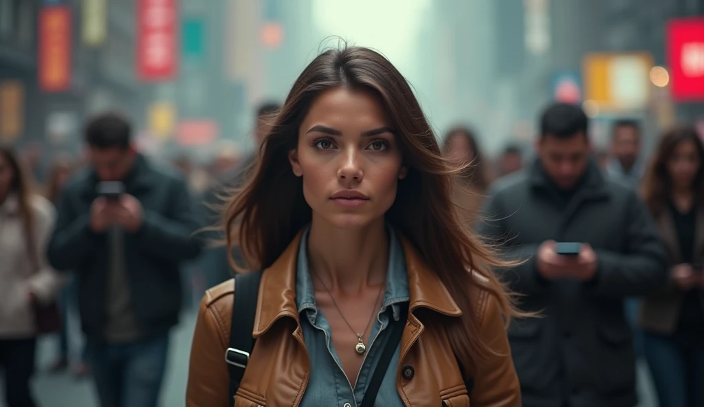 (masterpiece, best quality:1.2), (busy, crowded street:1.3), (woman walking with determination, sharply in focus:1.3), (blurred crowd, indistinct background:1.2), (calm expression, unbothered by surroundings:1.3), (people whispering, absorbed in smartphones:1.2), (woman standing out clearly against the haze:1.3), (inner strength, purposeful movement:1.2), (8K, ultra-detailed, hyper-detailed, RAW photo quality, Unreal Engine rendering:1.3)
