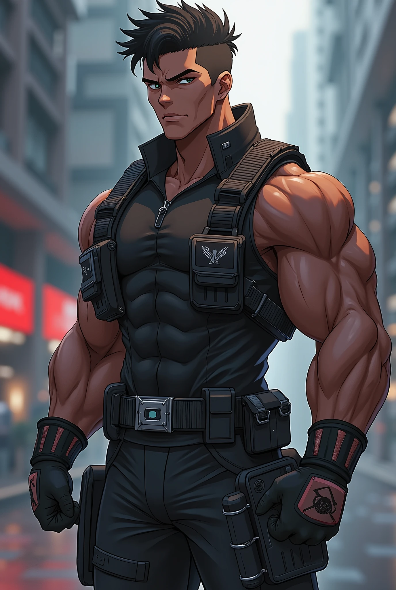 crame a vtuber model male sex military haircut dark skin tone physically fit muscular and oufit outfits aesthetic anime style
