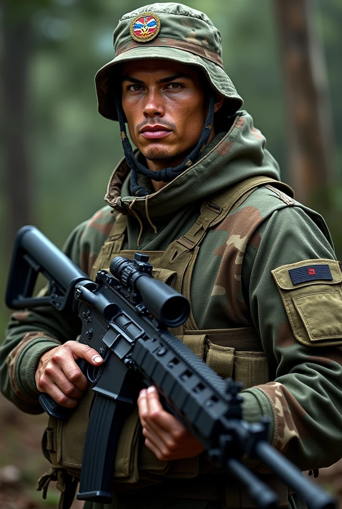 Cristiano Ronaldo in the camouflage uniform of the Paraguayan infantry (including the camouflage chapeu hat and a T65-k2 rifle)