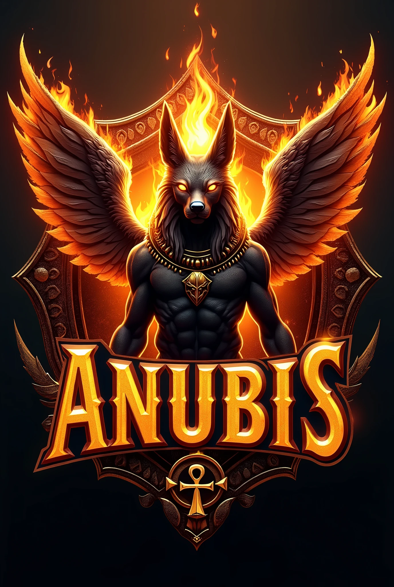 ((best qualityer)), ((work of art)), (detailded), create a gamer logo with the character egyptian god anubis, The logo must have a coat of arms with the character in front of the front bust, e o nome escrito ANUB☥S a letra i te que ser substituidada pela Cruz de Ansata ☥, Anubis has to be on fire epic gamer style with wings and dragon style, and anubis has to look bad, the colors have to be gold, black and red, don&#39;t forget to insert the name ANUBIS