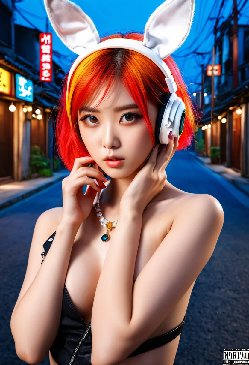 Photorealistic, beautiful, Masterpiece, HD, ultra detail eyes, 1girl, jewelry, beautiful korean girl, big eyes, solo BREAK ((magazine cover)), masterpiece, best quality, highres, (multicolored hair:1.1), beautiful face, clas, awesome pose, sexy Naked , urban techwear,cat ear,Rabbit ear