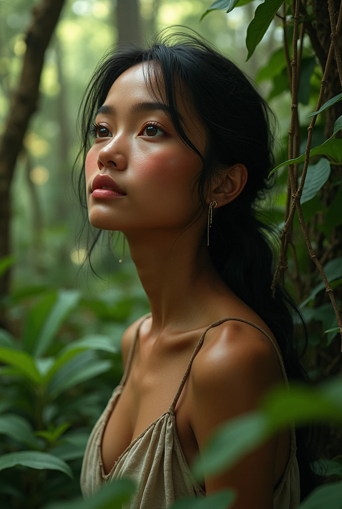A woman with indigenous features,almond skin, light brown eyes,full lips,delicate and fine lines,In a wooded setting