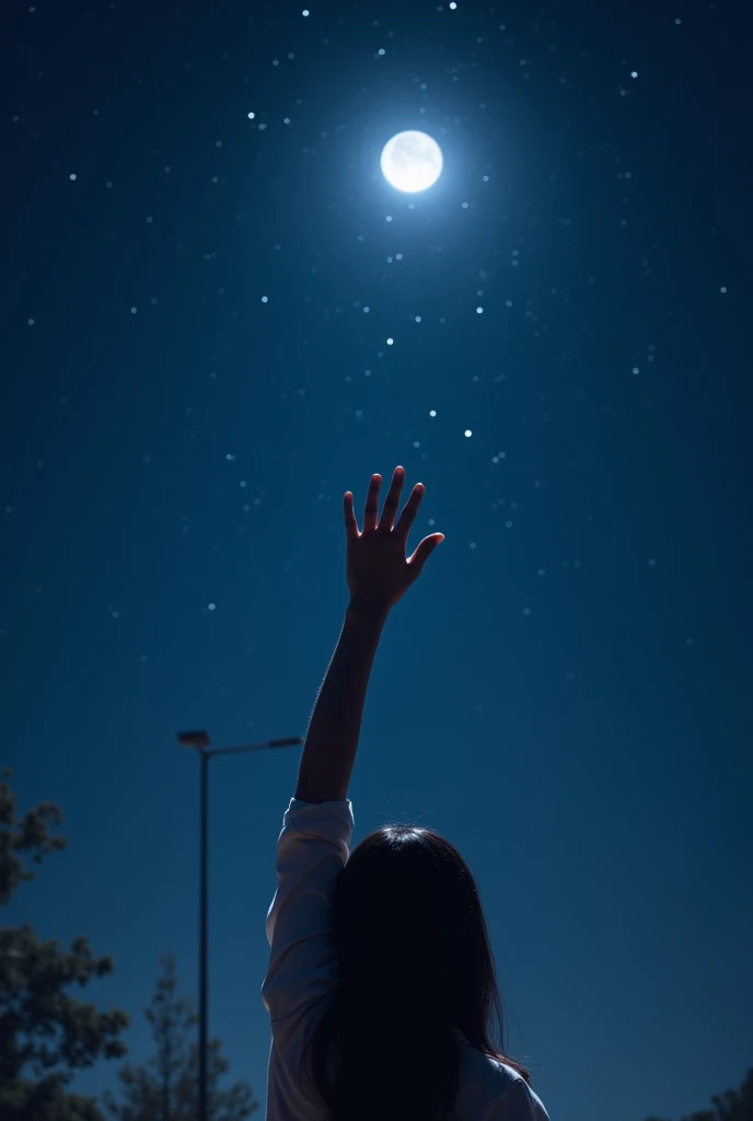 I want a photo like this at night looking at the stars and the moon, and the person taking the photo can see their hand touching the stars, It&#39;s like a photo taken from a phone, make it look real 