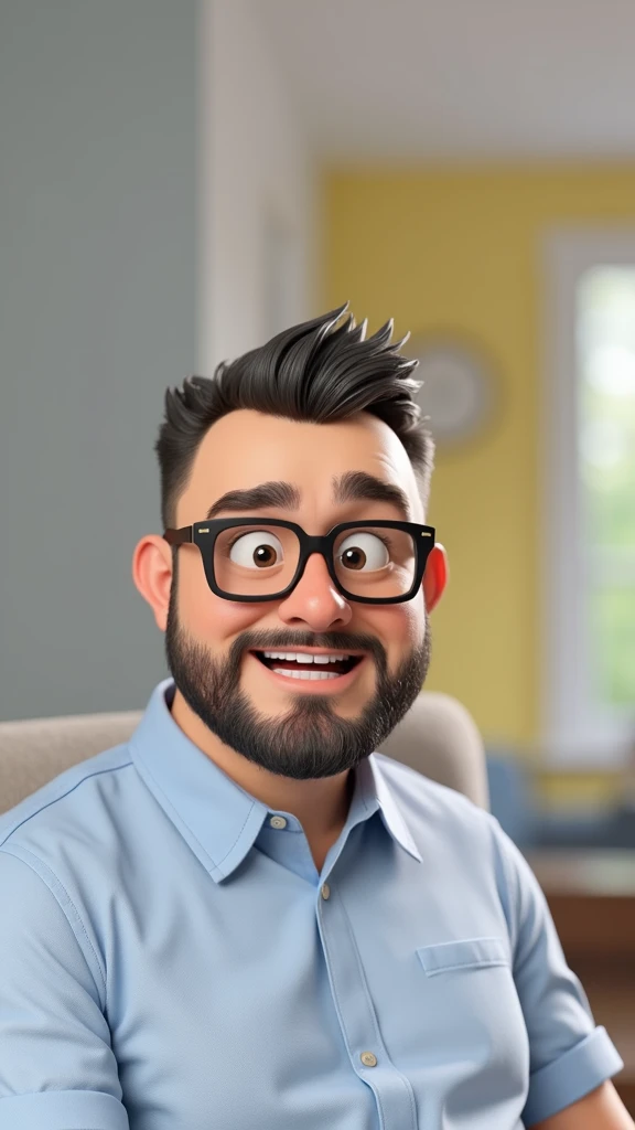 Cartoon character of a man in black glasses and blue shirt, an animated character, stylized character, animation style rendering, 3d stylized, Arnold Maya rendering, Stylized 3D rendering, toon render screenshot, 3d character, 3d character, Stylized 3D rendering, 3D character rendering, cartoon character, Personagem de close up, character posing, (Pixar-style) (master part:1.2) (bokeh) (best qualityer) (skin detailed) (detailed texture) (8k) (Argilla) (cinematic lighting) (sharp focus，Sit down and lift your upper body