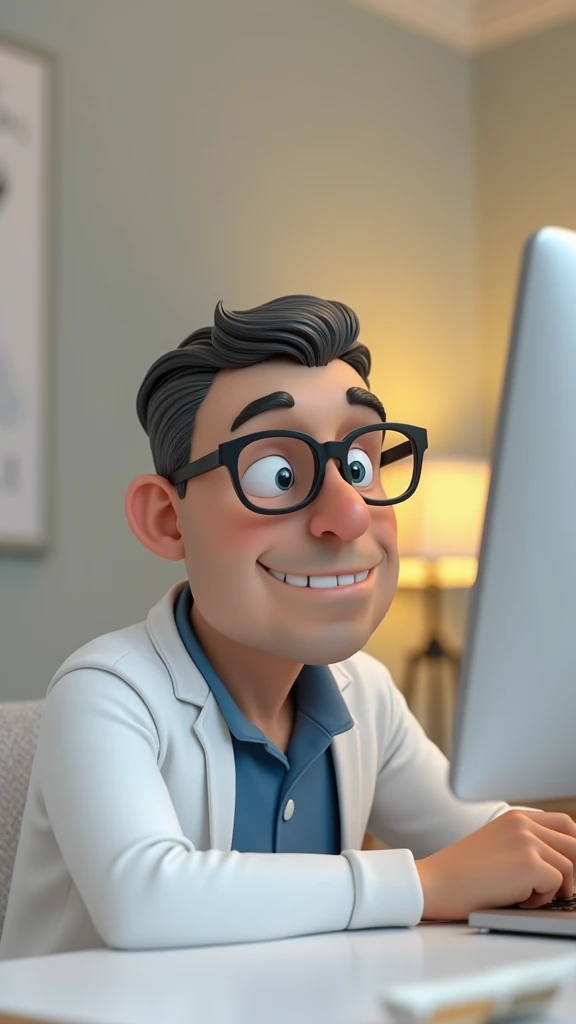 Cartoon character of a man in black glasses and blue shirt, an animated character, stylized character, animation style rendering, 3d stylized, Arnold Maya rendering, Stylized 3D rendering, toon render screenshot, 3d character, 3d character, Stylized 3D rendering, 3D character rendering, cartoon character, Personagem de close up, character posing, (Pixar-style) (master part:1.2) (bokeh) (best qualityer) (skin detailed) (detailed texture) (8k) (Argilla) (cinematic lighting) (sharp focus，Sit down and lift your upper body